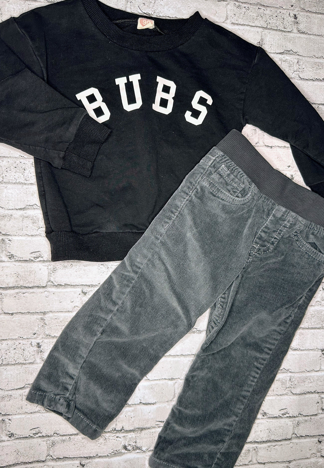 2pc “Bubs” + Gray Corduroy Pants Set- 12m