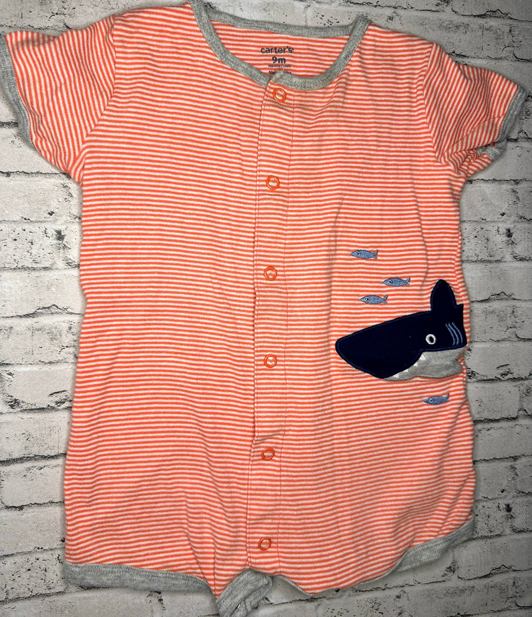 Carter’s: Orange Stripe Shark Romper- 9m
