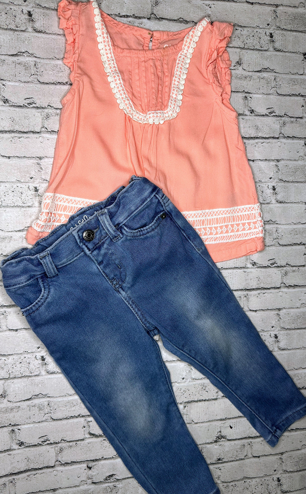 2pc Pink Ruffle + Denim Set- 18m