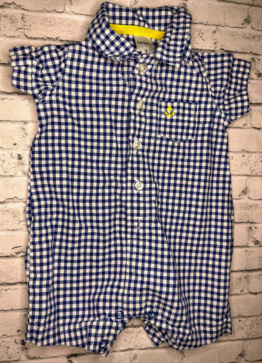 Carter’s: Blue Checkered Romper- 3M