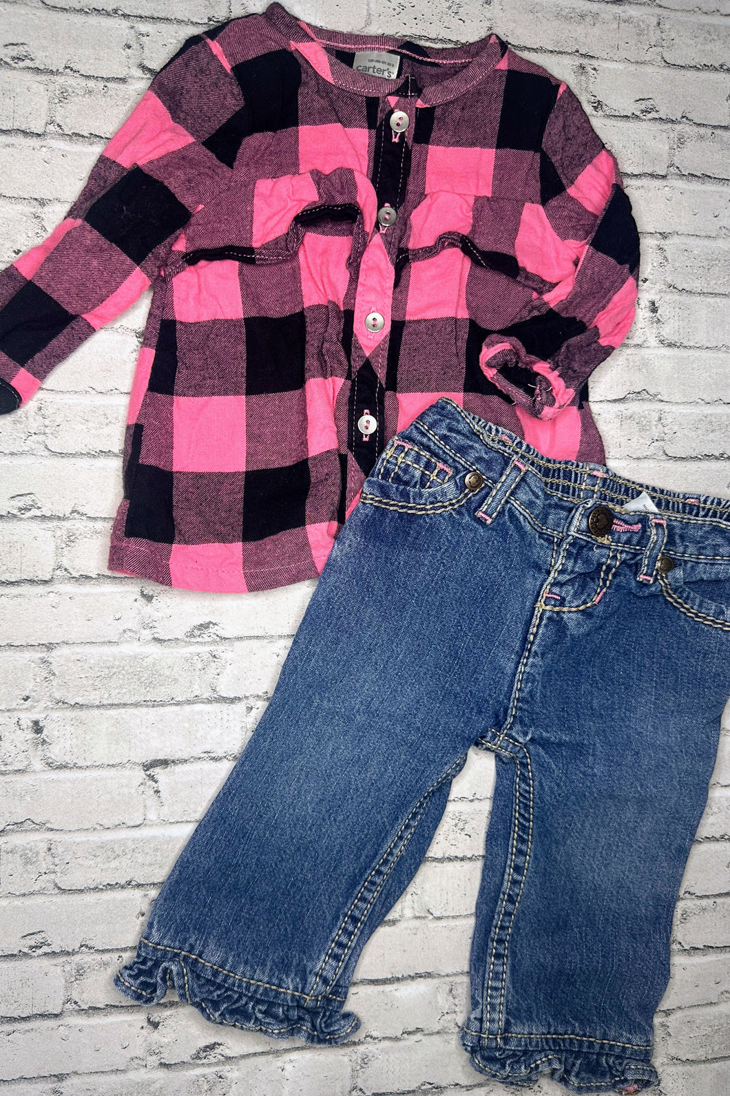 Carter’s: 2pc Pink Plaid+Denim Set- 6m