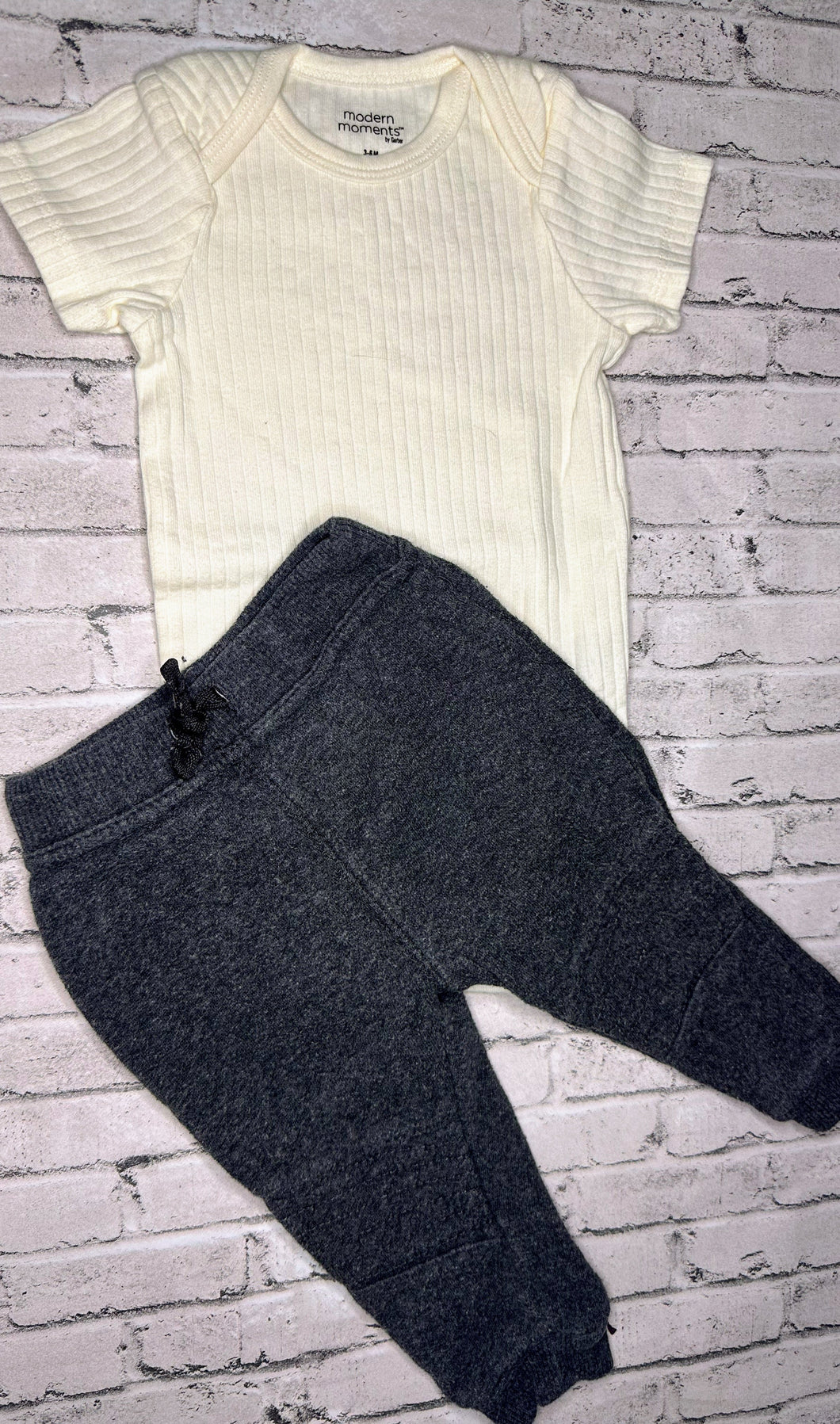 2pc Cream + Gray Set- 3/6m