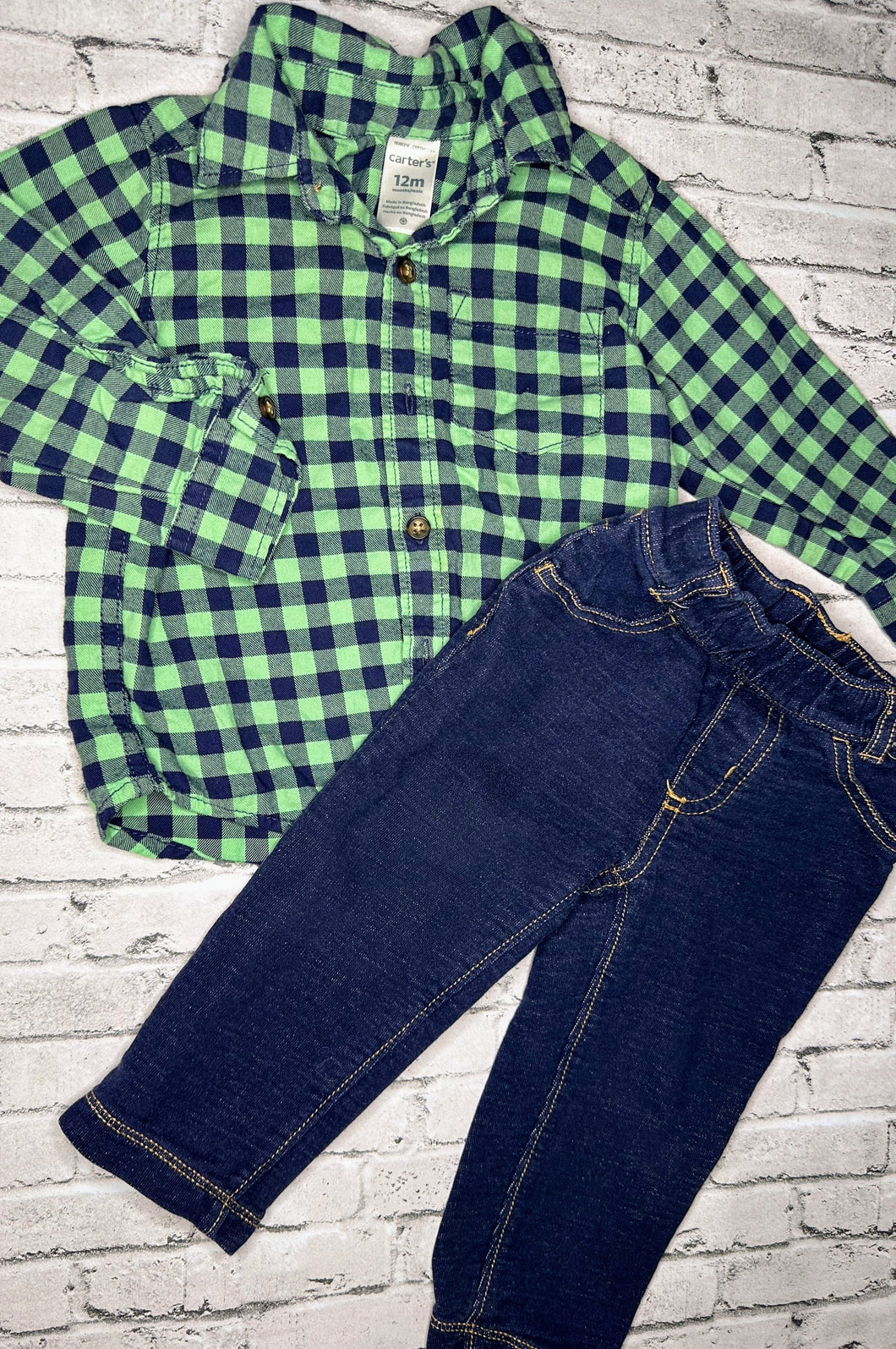 Carter’s: 2pc Green/Navy Plaid Set- 12m